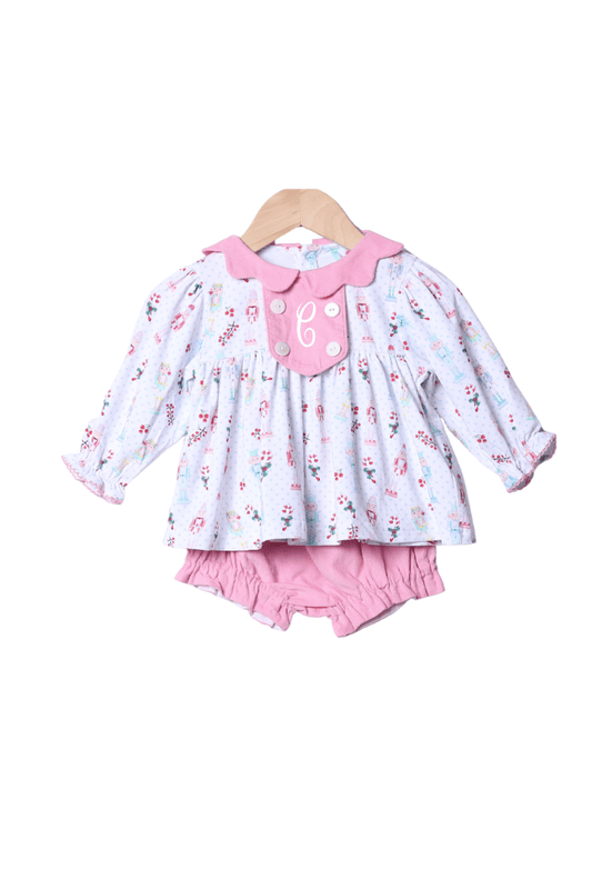 The Smocked Flamingo Apparel & Accessories Nutcracker Pink Corduroy Scalloped Bloomer Set