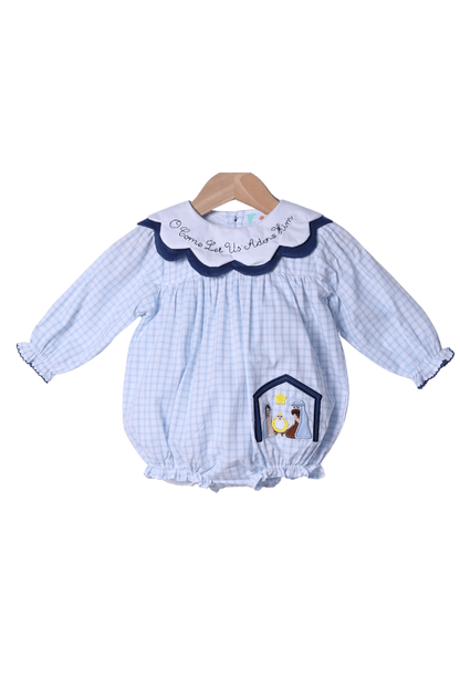 The Smocked Flamingo Apparel & Accessories O Come Let Us Adore Him Blue Windowpane Bubble