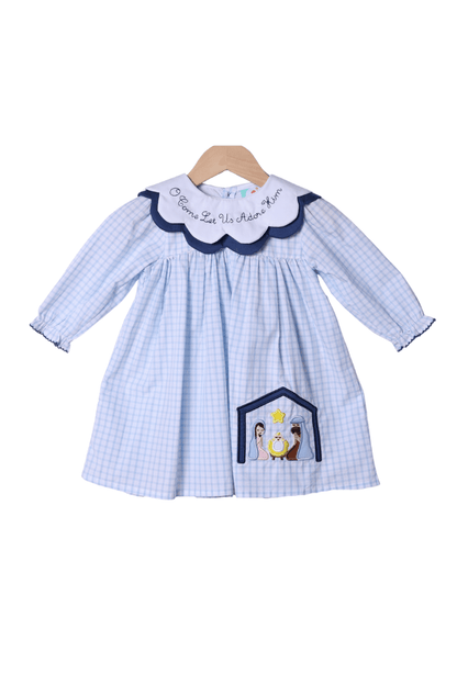 The Smocked Flamingo Apparel & Accessories O Come Let Us Adore Him Blue Windowpane Dress