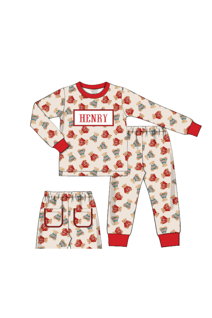 The Smocked Flamingo Apparel & Accessories Pajamas / 6M Pre-Order Smocked Custom Name Christmas Teddy Bear Trimmings
