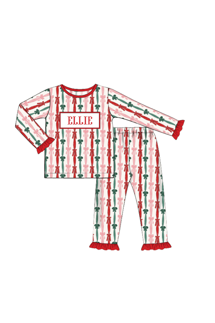 The Smocked Flamingo Apparel & Accessories Pajamas / 6M Pre-Order Smocked Custom Name Holiday Bows Trimmings