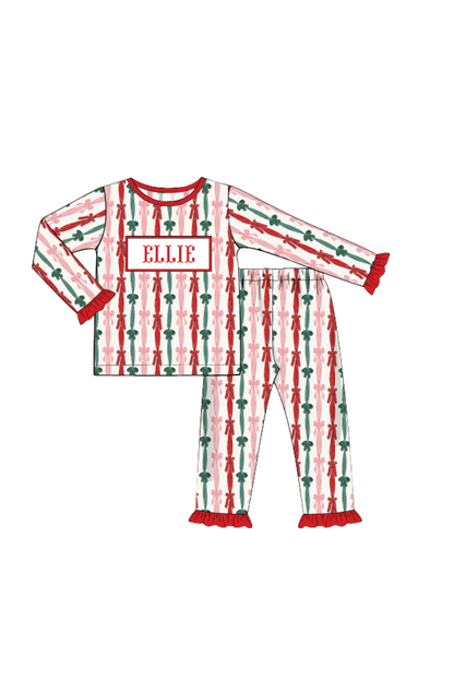 The Smocked Flamingo Apparel & Accessories Pajamas / 6M Pre-Order Smocked Custom Name Holiday Bows Trimmings