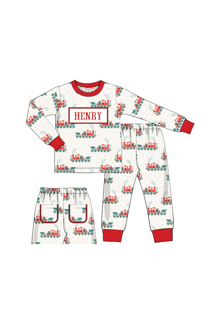 The Smocked Flamingo Apparel & Accessories Pajamas / 6M Pre-Order Smocked Custom Name Holiday Train Trimmings