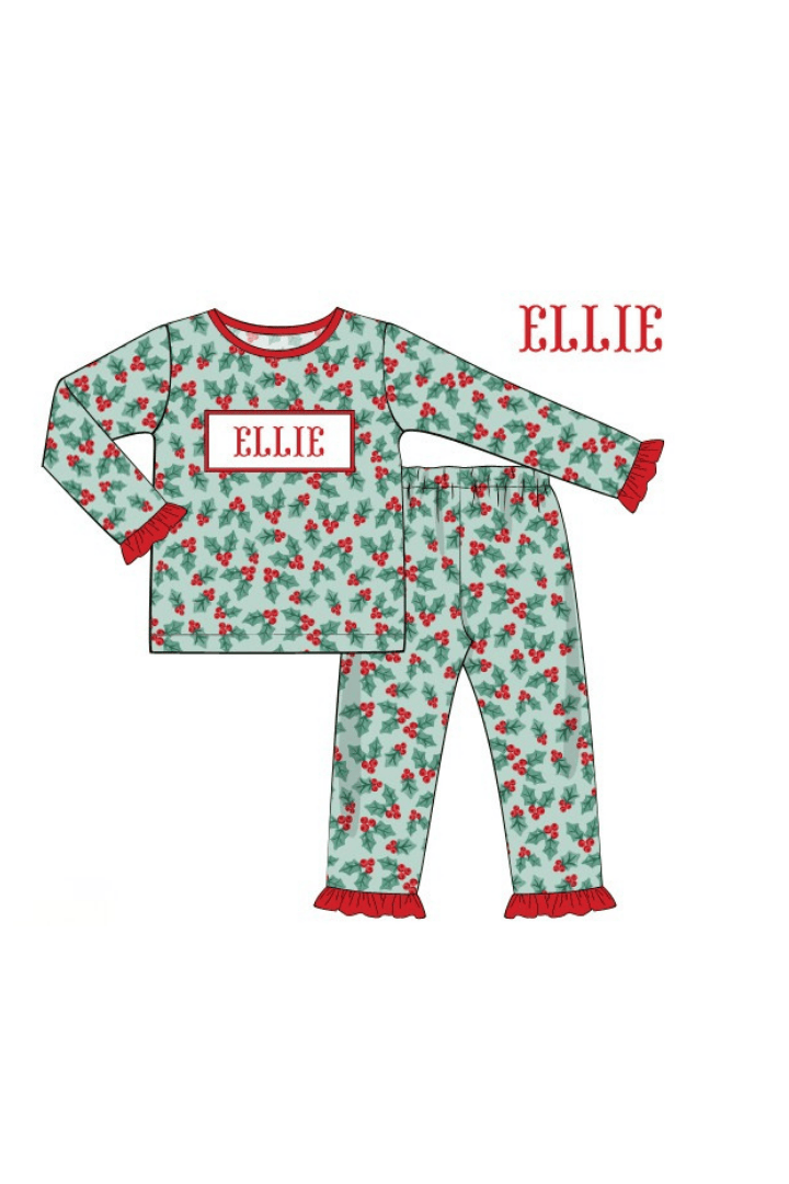The Smocked Flamingo Apparel & Accessories Pajamas / 6M Pre-Order Smocked Custom Name Holly Christmas Trimmings