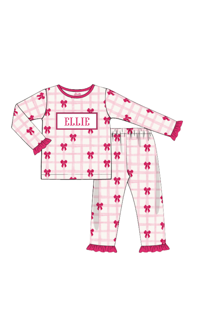 The Smocked Flamingo Apparel & Accessories Pajamas / 6M Pre-Order Smocked Custom Name Pink Bow Trimmings