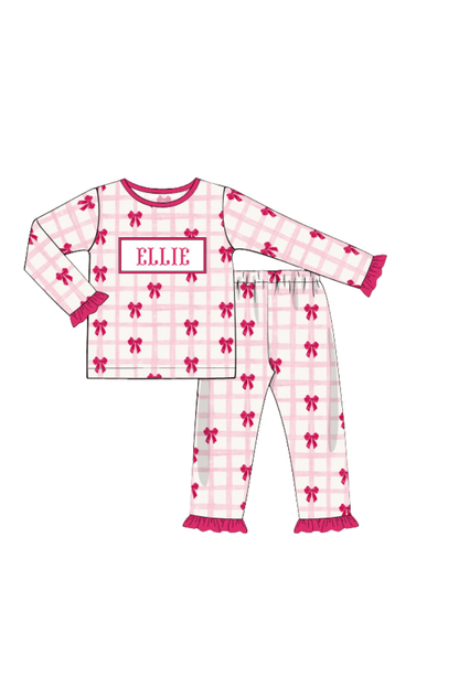 The Smocked Flamingo Apparel & Accessories Pajamas / 6M Pre-Order Smocked Custom Name Pink Bow Trimmings
