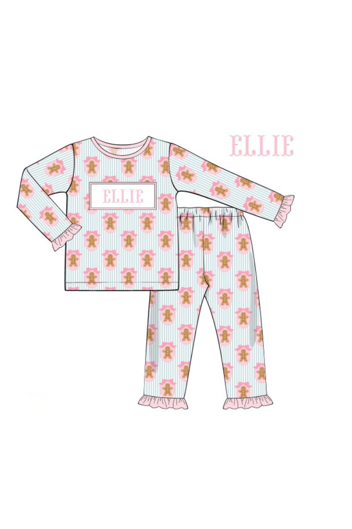 The Smocked Flamingo Apparel & Accessories Pajamas / 6M Pre-Order Smocked Custom Name Pink Gingerbread Lane Trimmings