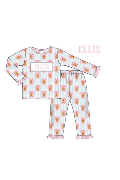 The Smocked Flamingo Apparel & Accessories Pajamas / 6M Pre-Order Smocked Custom Name Pink Gingerbread Lane Trimmings