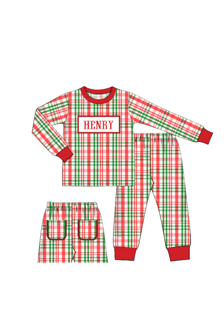 The Smocked Flamingo Apparel & Accessories Pajamas / 6M Pre-Order Smocked Custom Name Red and Green Plaid Trimmings