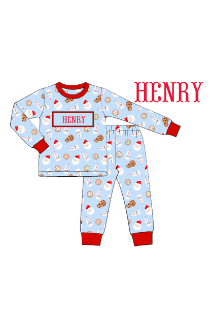 The Smocked Flamingo Apparel & Accessories Pajamas / 9M Pre-Order Smocked Custom Name Blue Cookies and Milk Christmas Trimmings
