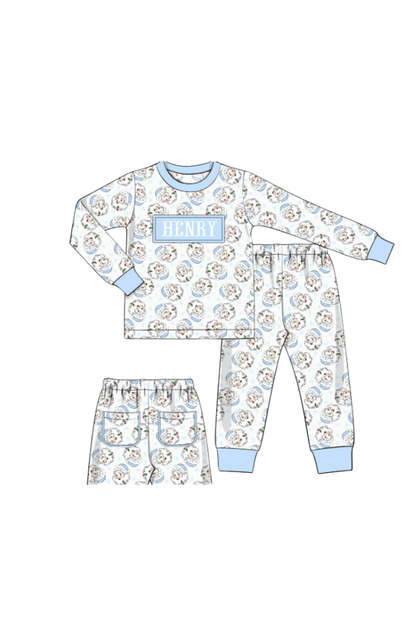 The Smocked Flamingo Apparel & Accessories Pajamas Pre-Order Smocked Custom Name Blue Vintage Santa Christmas Trimmings