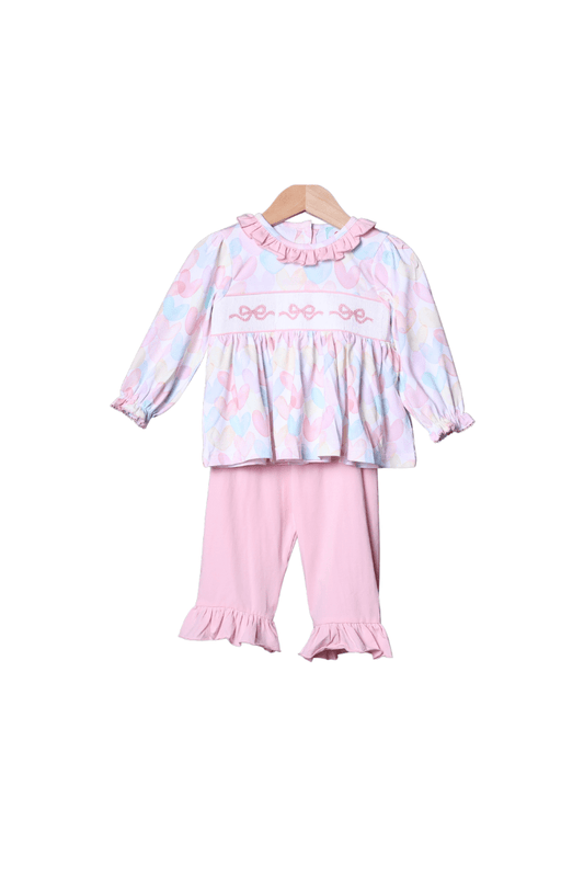 The Smocked Flamingo Apparel & Accessories Pastel Heart and Bow Knit Pant Set