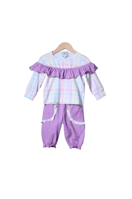 The Smocked Flamingo Apparel & Accessories Pastel Plaid and Lavender Knit Ruffle Jogger Set