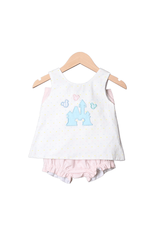 The Smocked Flamingo Apparel & Accessories Pastel Swiss Dot Applique Magical Castle Bloomer Set