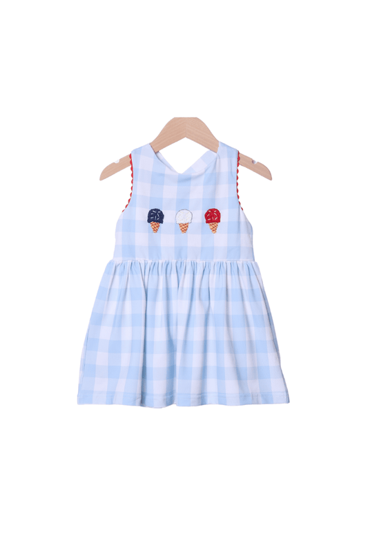 The Smocked Flamingo Apparel & Accessories Patriotic Ice Cream Blue Gingham Bow Dress