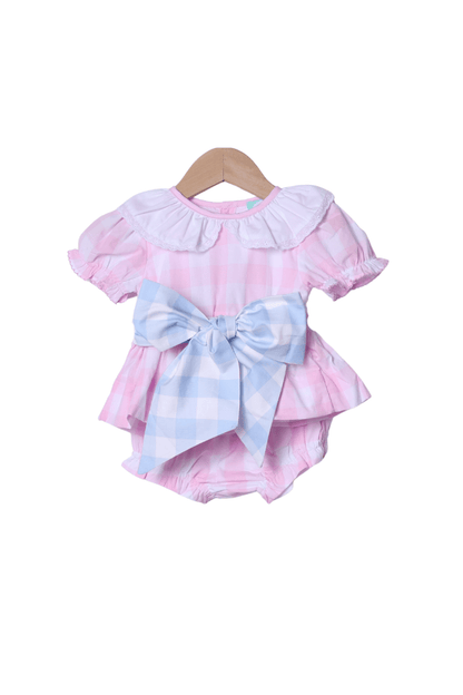 The Smocked Flamingo Apparel & Accessories Pink and Blue Buffalo Check Ruffle Bow Bloomer Set