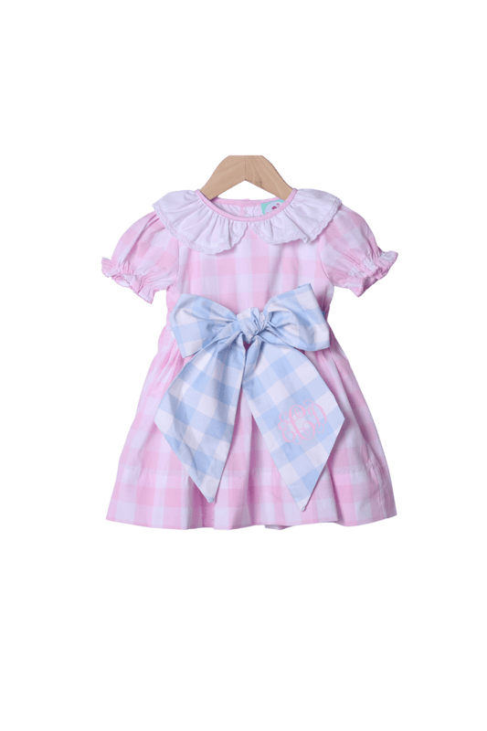 The Smocked Flamingo Apparel & Accessories Pink and Blue Buffalo Check Ruffle Bow Dress