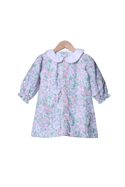 The Smocked Flamingo Apparel & Accessories Pink and Blue Floral Heart Button Dress