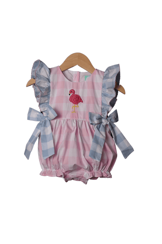 The Smocked Flamingo Apparel & Accessories Pink and Blue Gingham Applique Flamingo Bow Bubble