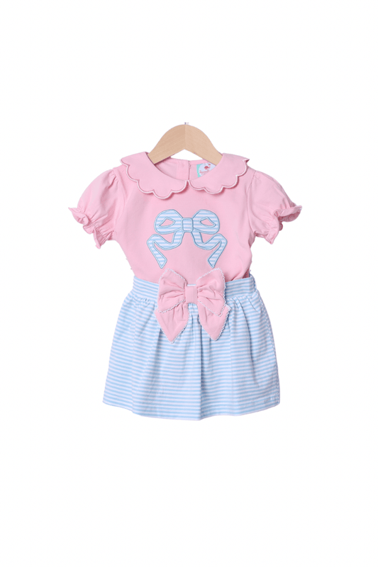 The Smocked Flamingo Apparel & Accessories Pink and Blue Stripe Bow Skort Set