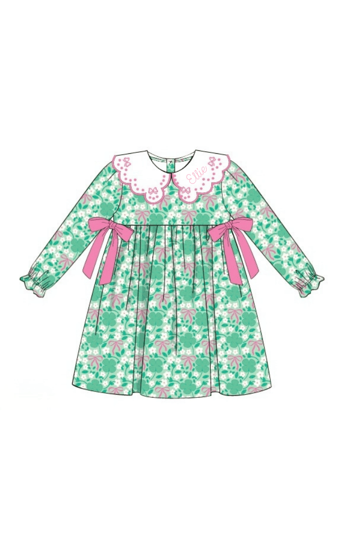 The Smocked Flamingo Apparel & Accessories Pink and Green Clover and Bows Dress