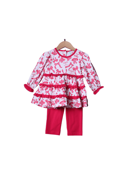 The Smocked Flamingo Apparel & Accessories Pink Bow Knit Ruffle Pant Set