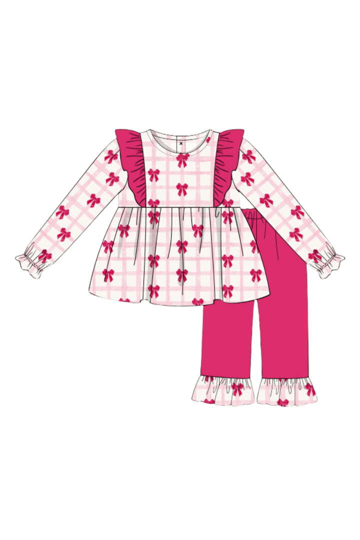 The Smocked Flamingo Apparel & Accessories Pink Bow Ruffle Pant Set