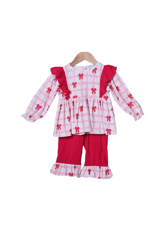 The Smocked Flamingo Apparel & Accessories Pink Bow Ruffle Pant Set