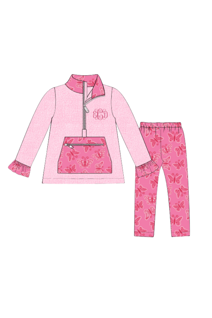 The Smocked Flamingo Apparel & Accessories Pink Butterfly Fleece Pullover Jogger Set