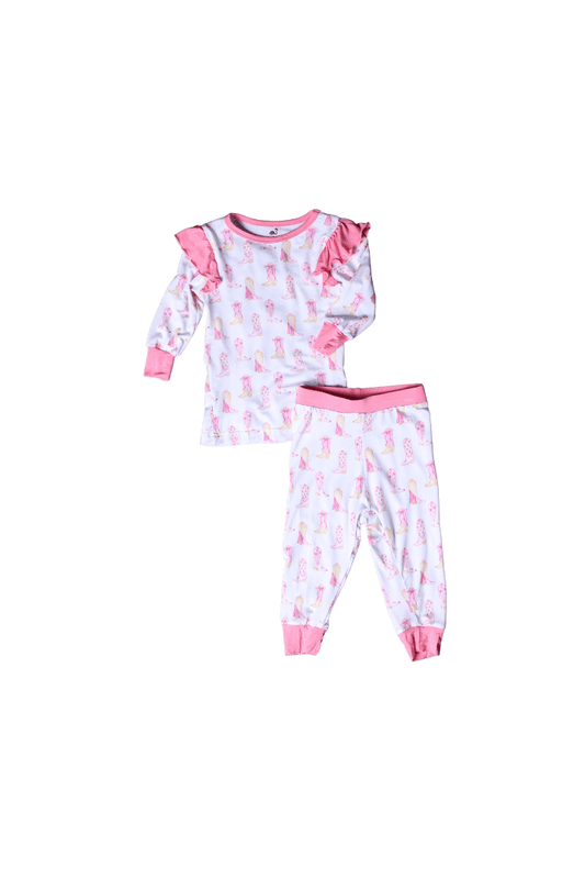 The Smocked Flamingo Apparel & Accessories Pink Cowgirl Boots Ruffle Bamboo Pajamas