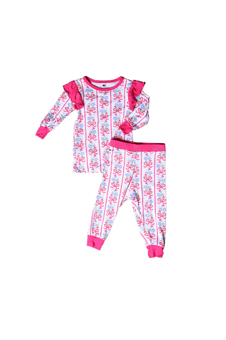 The Smocked Flamingo Apparel & Accessories Pink Floral Bow Ruffle Bamboo Pajamas