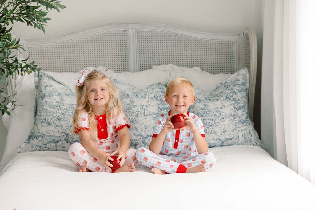 The Smocked Flamingo Apparel & Accessories Pink Gingham Apple Knit Ruffle Pajamas