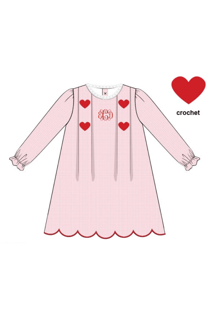 The Smocked Flamingo Apparel & Accessories Pink Gingham Crochet Hearts Dress