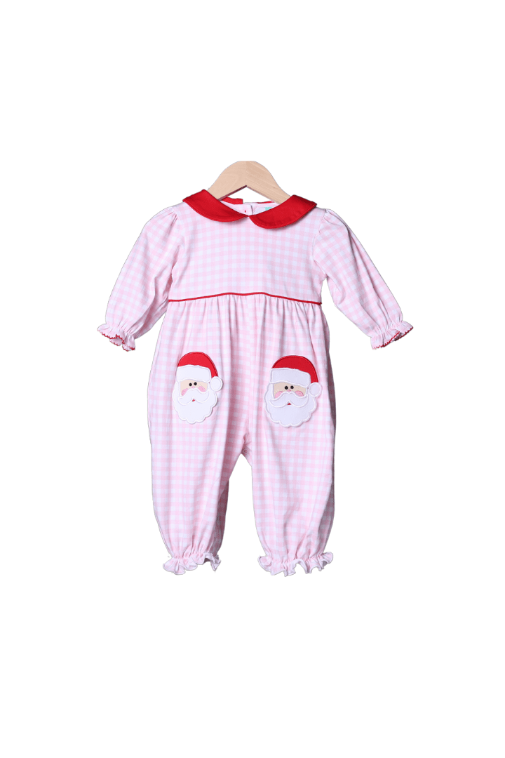 The Smocked Flamingo Apparel & Accessories Pink Gingham Knit Santa Romper