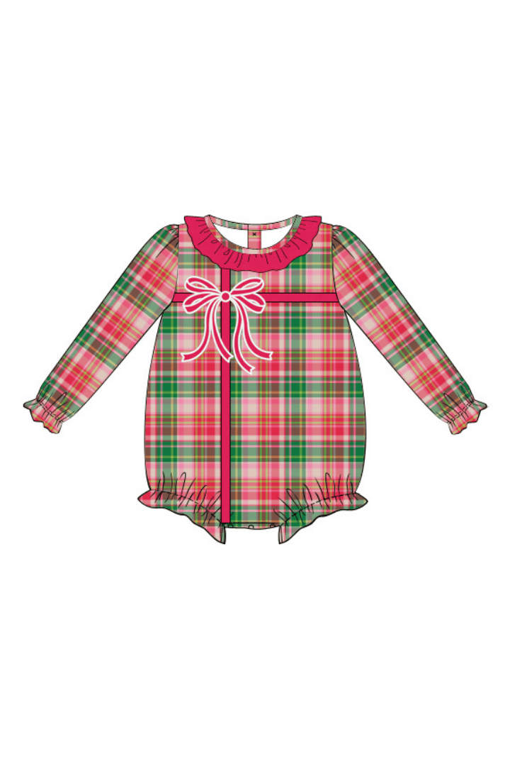 The Smocked Flamingo Apparel & Accessories Pink Holiday Plaid Applique Present Corduroy Bubble