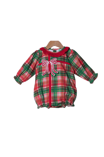 The Smocked Flamingo Apparel & Accessories Pink Holiday Plaid Applique Present Corduroy Bubble