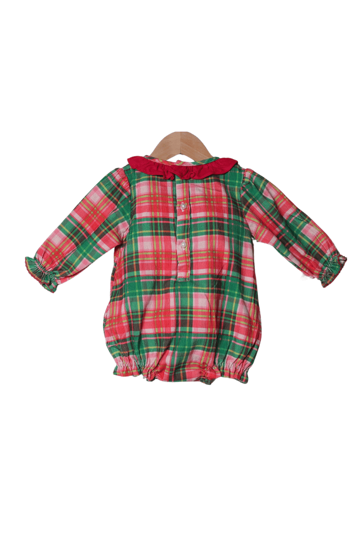 The Smocked Flamingo Apparel & Accessories Pink Holiday Plaid Applique Present Corduroy Bubble