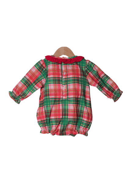 The Smocked Flamingo Apparel & Accessories Pink Holiday Plaid Applique Present Corduroy Bubble