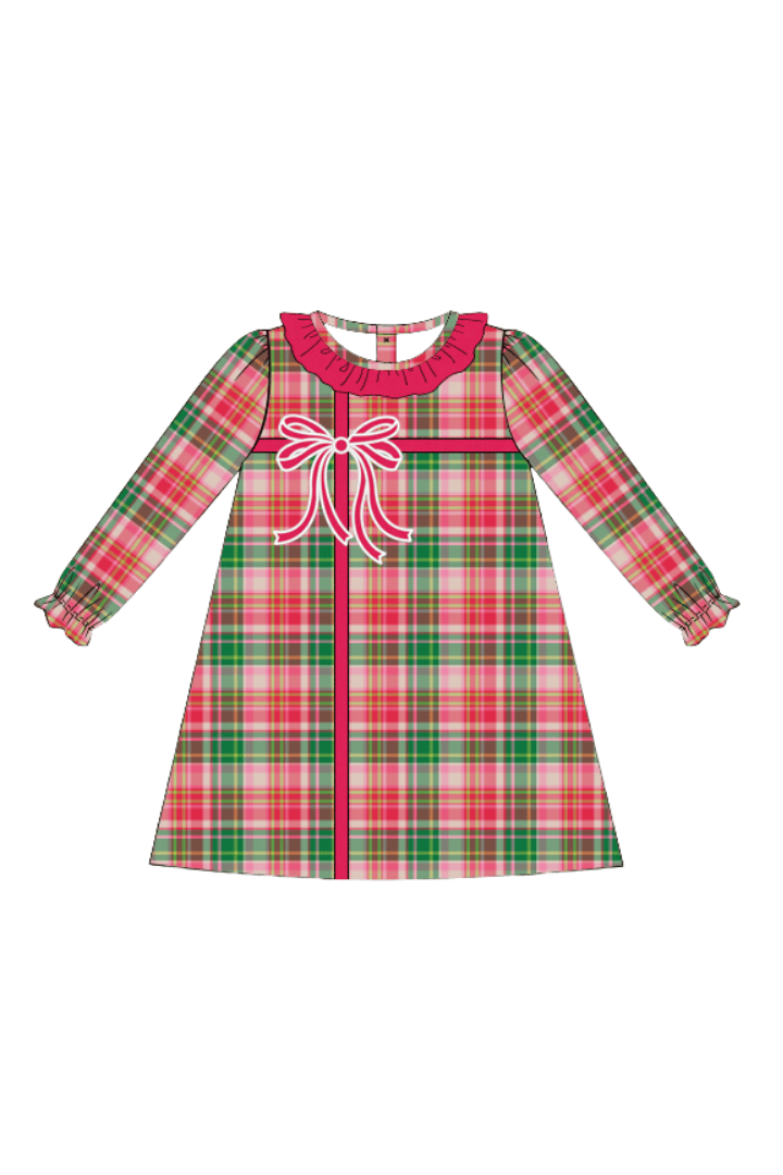 The Smocked Flamingo Apparel & Accessories Pink Holiday Plaid Applique Present Corduroy Dress