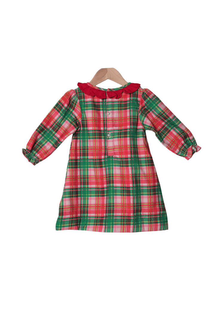 The Smocked Flamingo Apparel & Accessories Pink Holiday Plaid Applique Present Corduroy Dress