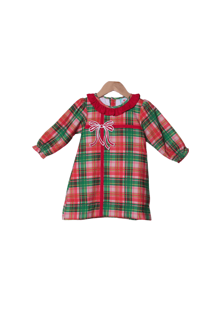 The Smocked Flamingo Apparel & Accessories Pink Holiday Plaid Applique Present Corduroy Dress