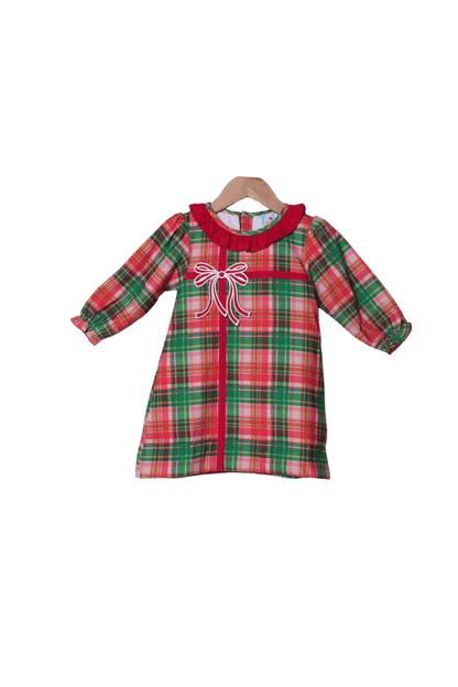 The Smocked Flamingo Apparel & Accessories Pink Holiday Plaid Applique Present Corduroy Dress