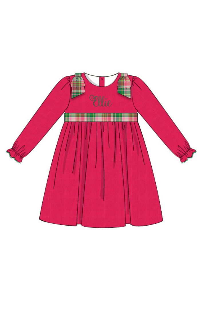 The Smocked Flamingo Apparel & Accessories Pink Holiday Plaid Corduroy Bow Dress