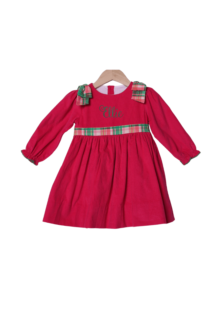The Smocked Flamingo Apparel & Accessories Pink Holiday Plaid Corduroy Bow Dress