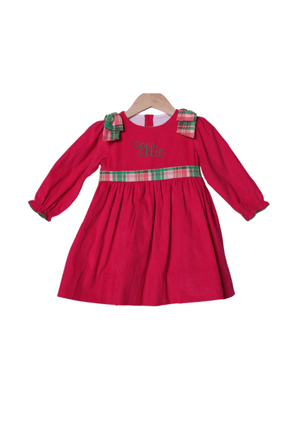 The Smocked Flamingo Apparel & Accessories Pink Holiday Plaid Corduroy Bow Dress