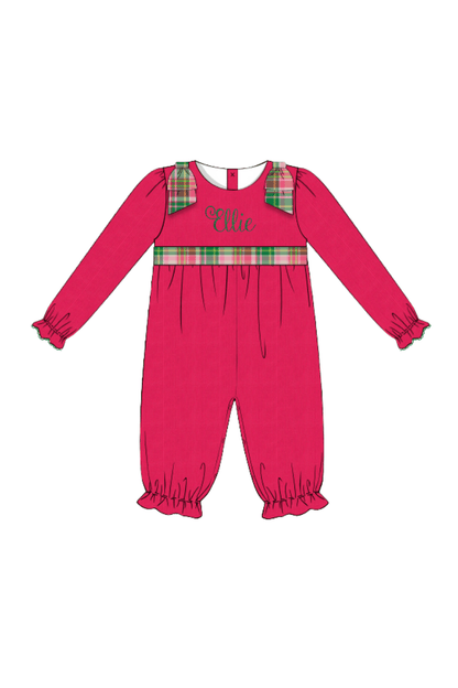 The Smocked Flamingo Apparel & Accessories Pink Holiday Plaid Corduroy Bow Romper