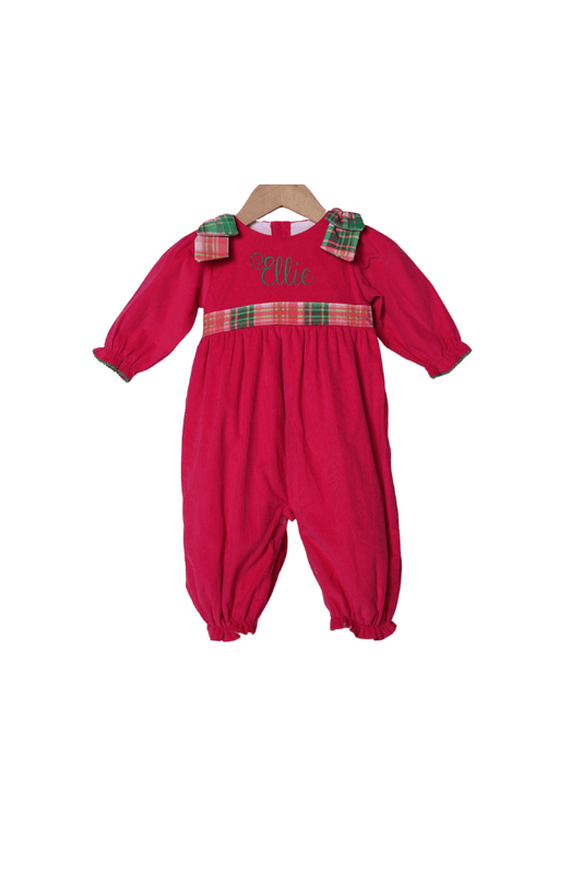 The Smocked Flamingo Apparel & Accessories Pink Holiday Plaid Corduroy Bow Romper