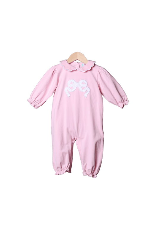 The Smocked Flamingo Apparel & Accessories Pink Knit Applique Bitty Dot Bow Romper