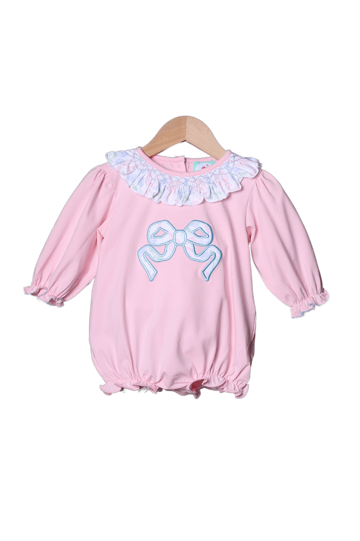 The Smocked Flamingo Apparel & Accessories Pink Knit Floral Applique Bow Bubble