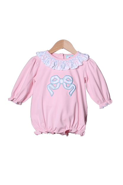 The Smocked Flamingo Apparel & Accessories Pink Knit Floral Applique Bow Bubble